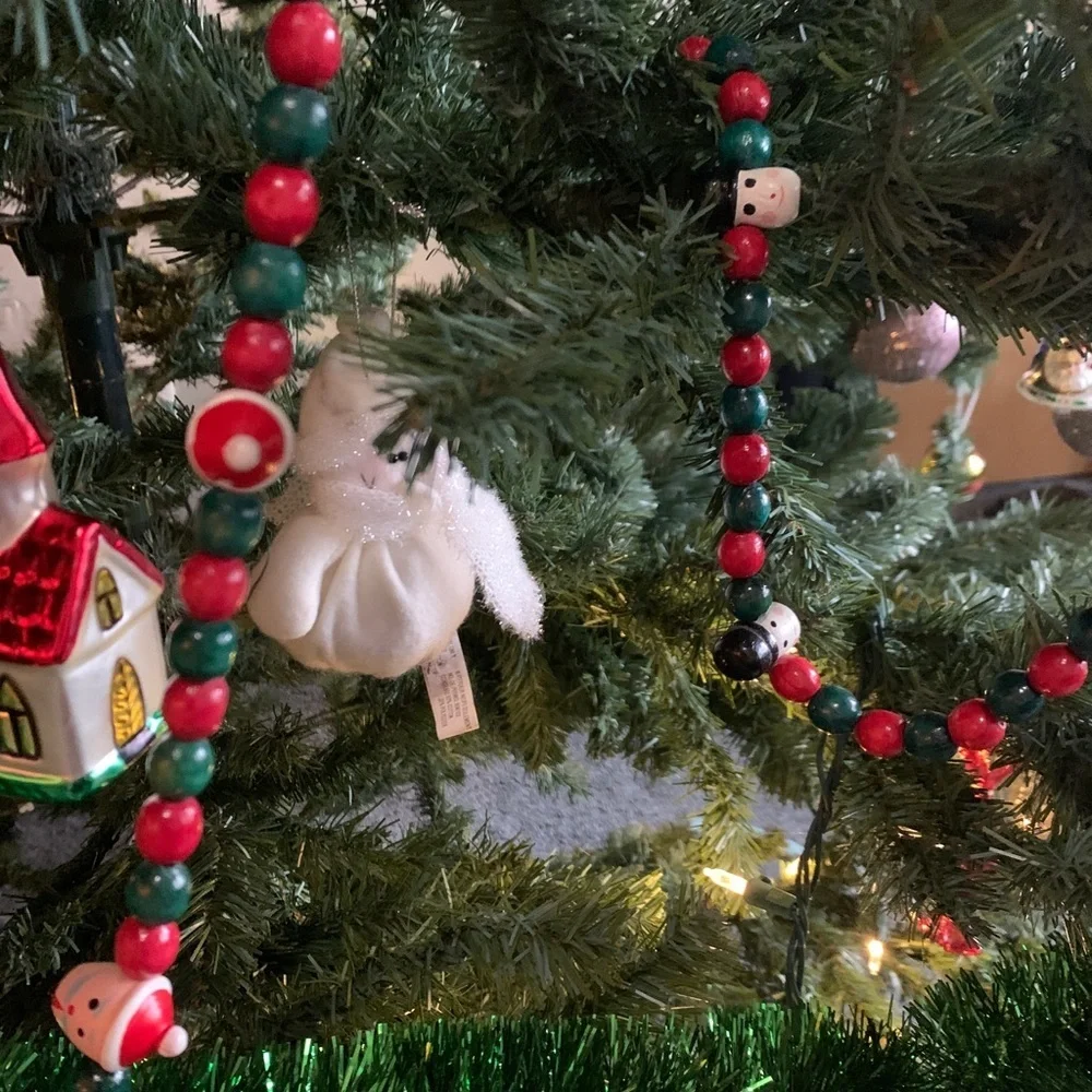 Vintage Christmas Tree Wooden‎ Garland Hand Painted Cute 3 strands, about 27 ft